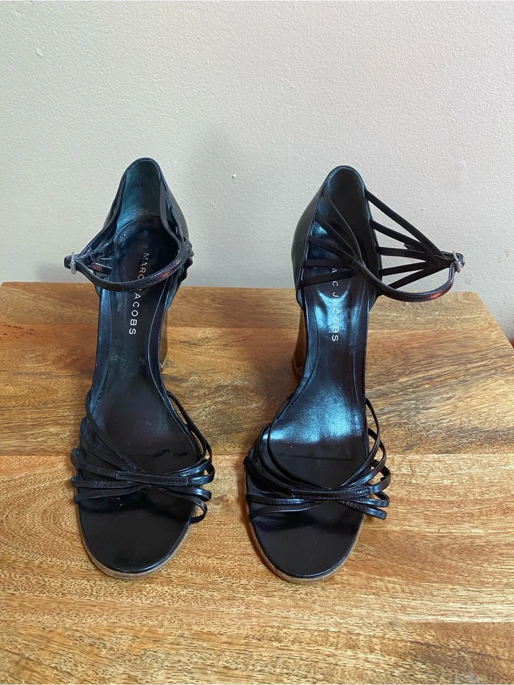 VTG Y2K Marc Jacobs Black Leather Wedge Shoes Ankle Strap
